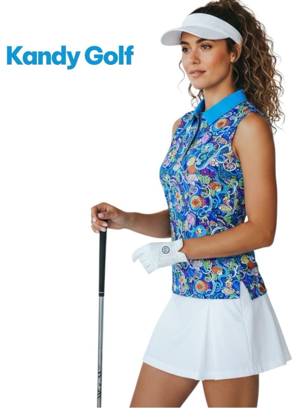 Kandy Golf Top Canadian Brand Sea/Life Collared Sleeveles 3/4 Buttons Shirt Sz M
